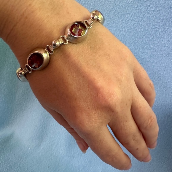 Vintage TAXCO Mexico Sterling Silver Bracelet with Red glass opals - Picture 6 of 11
